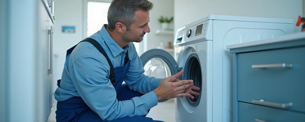 Techniker repariert eine Waschmaschine in einem sauberen Haushalt